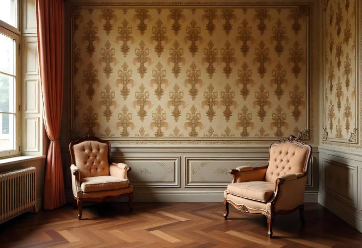 Elegant Retro Room with Rococo Style Wallpaper and Antique Furnishings